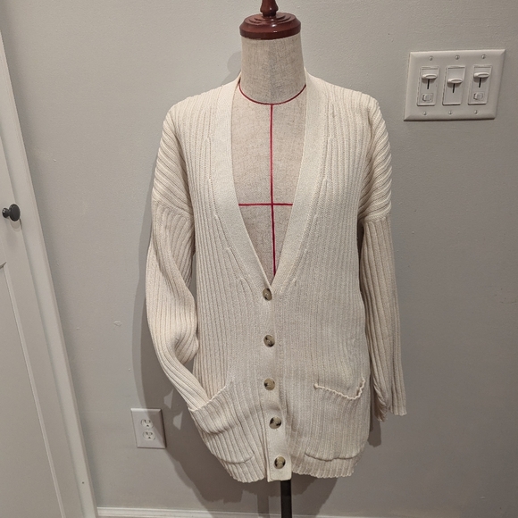 Vintage Eddie Bauer Ribbed Cardigan Sweater Size Large 100% Cotton Grandpa Ivory - Picture 1 of 7